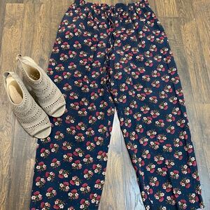 Floral Print Elastic Waist Linen Blend Crop Pants